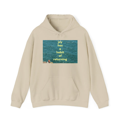 Ocean Photo Hoodie — “Joy has a habit of returning” Relaxed Beach Vibe Sweatshirt