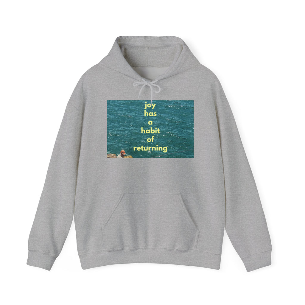 Ocean Photo Hoodie — “Joy has a habit of returning” Relaxed Beach Vibe Sweatshirt
