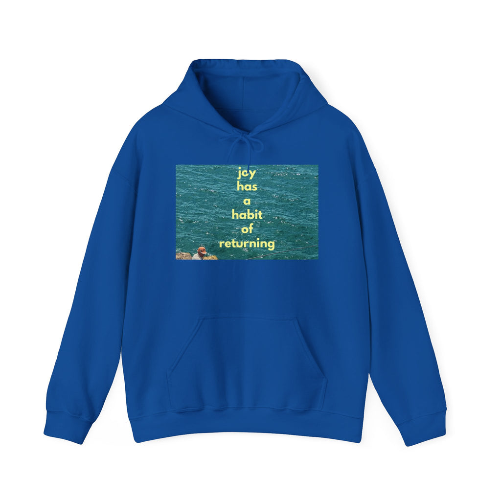 Ocean Photo Hoodie — “Joy has a habit of returning” Relaxed Beach Vibe Sweatshirt
